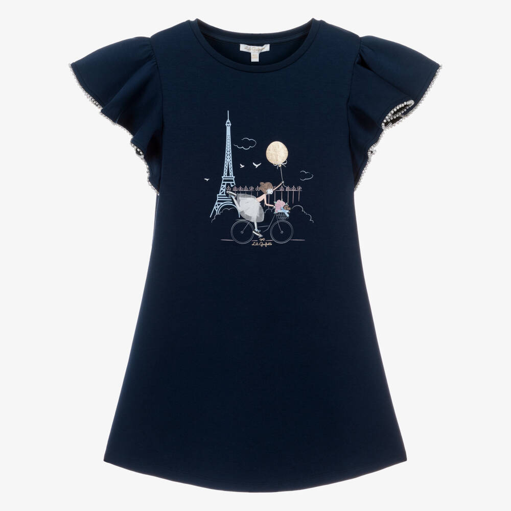 Lili Gaufrette-Girls Navy Blue Jersey Dress with Girl & Balloon Print | Childrensalon