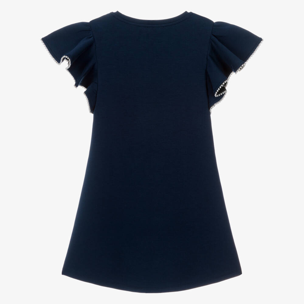 Lili Gaufrette-Girls Navy Blue Jersey Dress with Girl & Balloon Print | Childrensalon