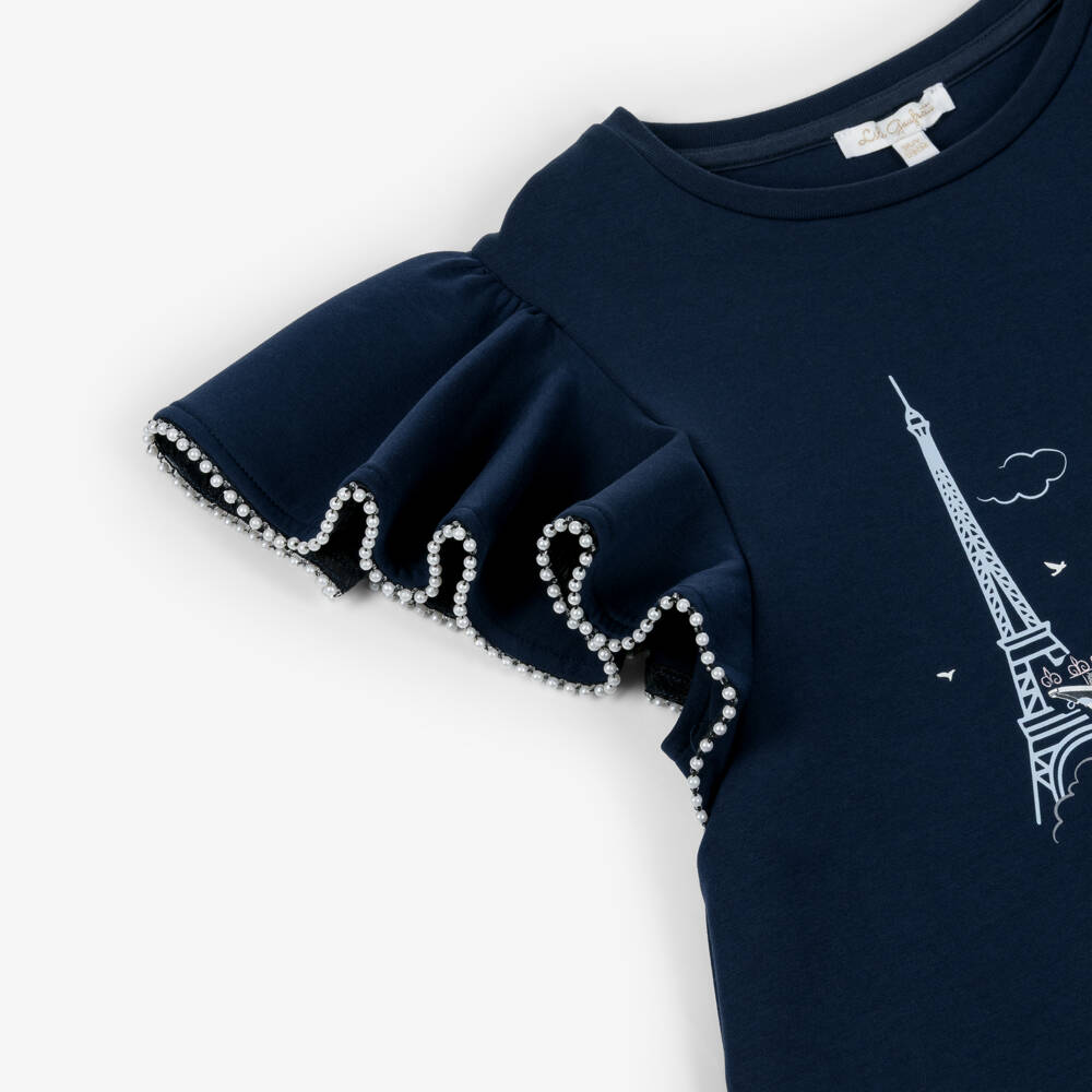 Lili Gaufrette-Girls Navy Blue Jersey Dress with Girl & Balloon Print | Childrensalon