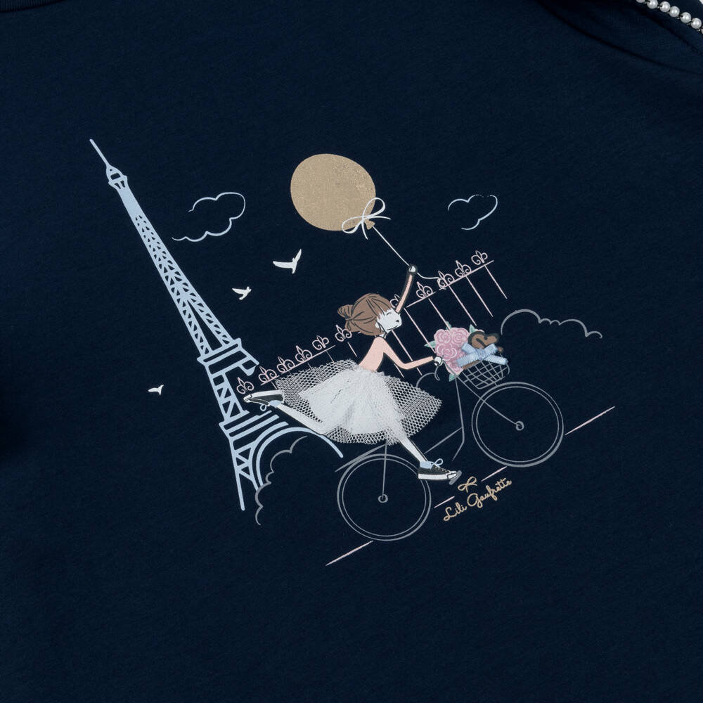 Lili Gaufrette-Girls Navy Blue Jersey Dress with Girl & Balloon Print | Childrensalon