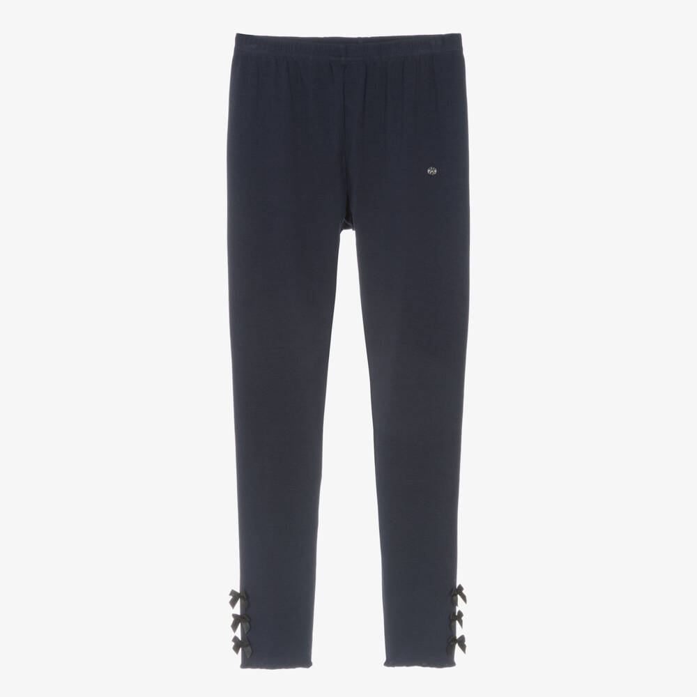 Lili Gaufrette-Girls Navy Blue Jersey Leggings with Bows | Childrensalon