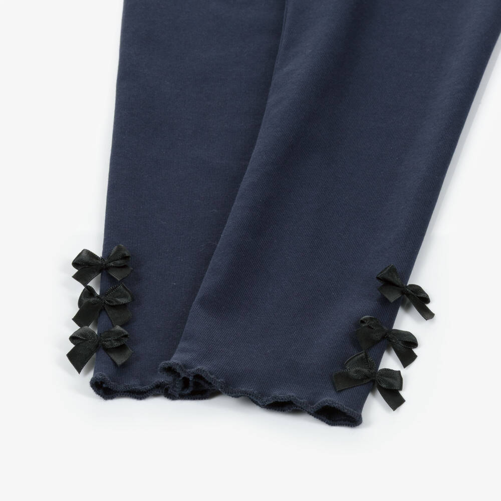 Lili Gaufrette-Girls Navy Blue Jersey Leggings with Bows | Childrensalon