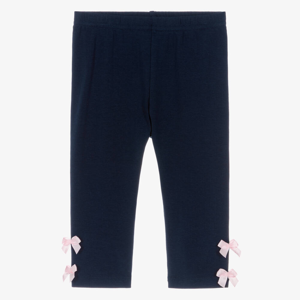 Lili Gaufrette-Girls Navy Blue Jersey Leggings with Pink Bows | Childrensalon