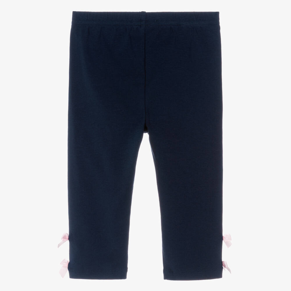 Lili Gaufrette-Girls Navy Blue Jersey Leggings with Ribbon Bows | Childrensalon
