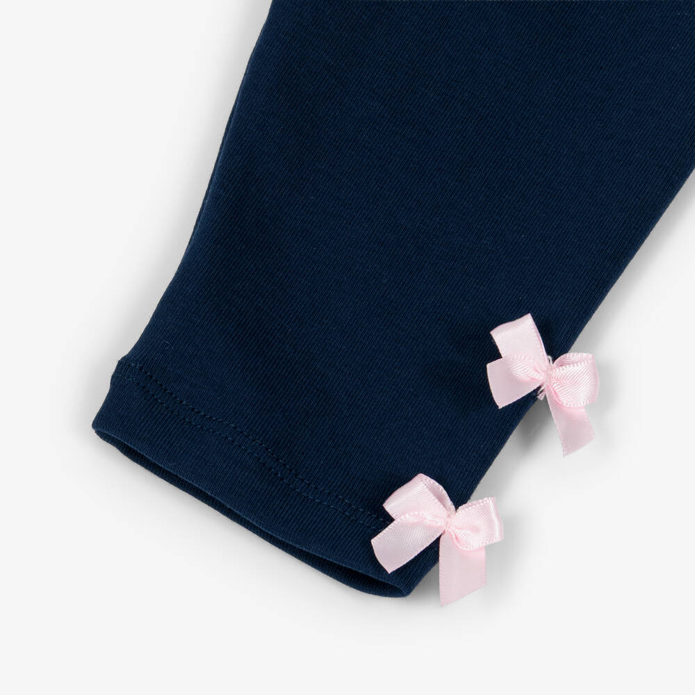 Lili Gaufrette-Girls Navy Blue Jersey Leggings with Ribbon Bows | Childrensalon