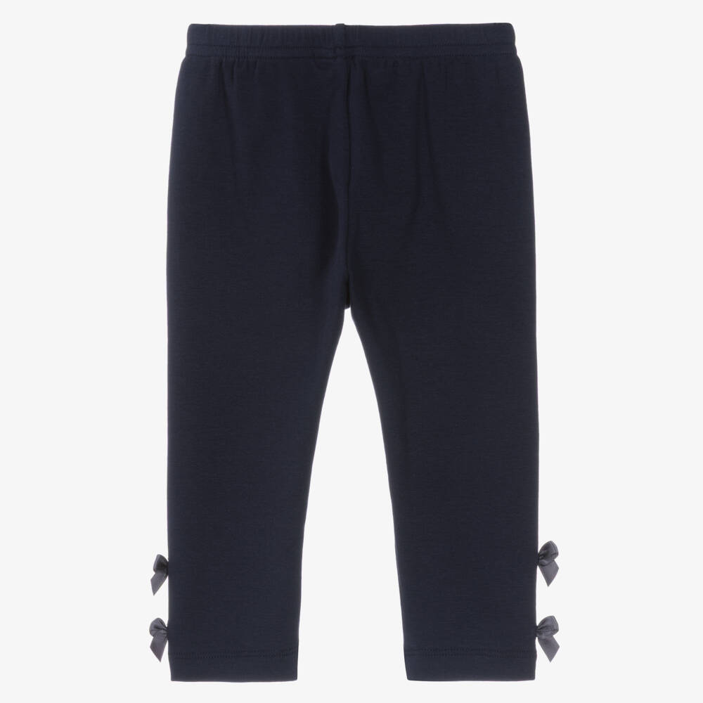 Lili Gaufrette-Girls Navy Blue Jersey Leggings with Ribbon Bows | Childrensalon