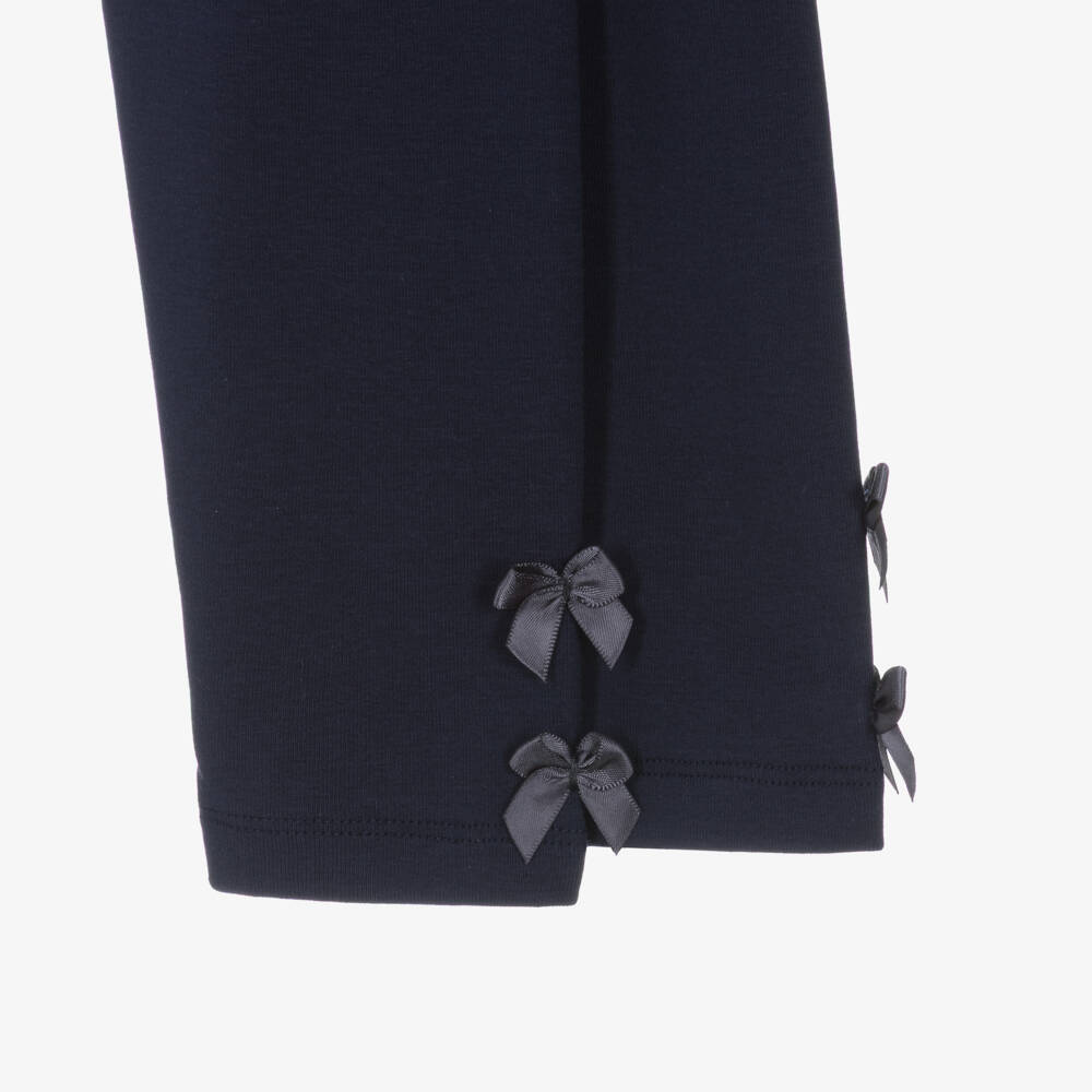 Lili Gaufrette-Girls Navy Blue Jersey Leggings with Ribbon Bows | Childrensalon