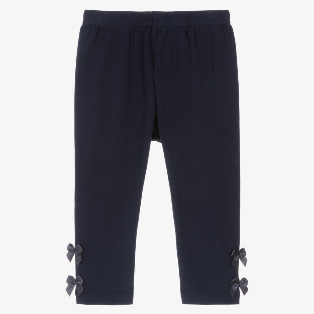 Lili Gaufrette-Girls Navy Blue Jersey Leggings with Ribbon Bows | Childrensalon