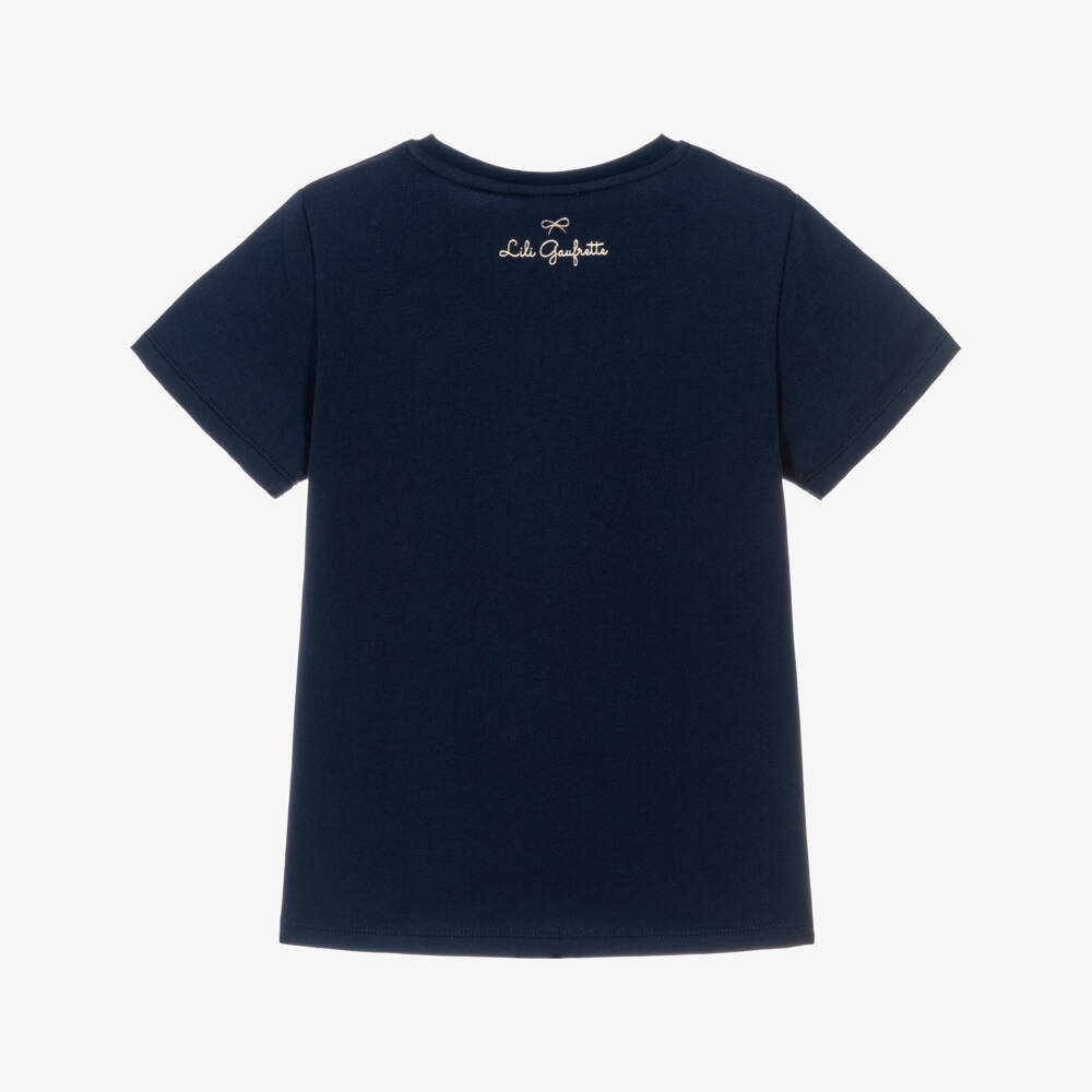 Lili Gaufrette-Girls Navy Blue Jersey T-Shirt with Girl & Balloon Motif | Childrensalon