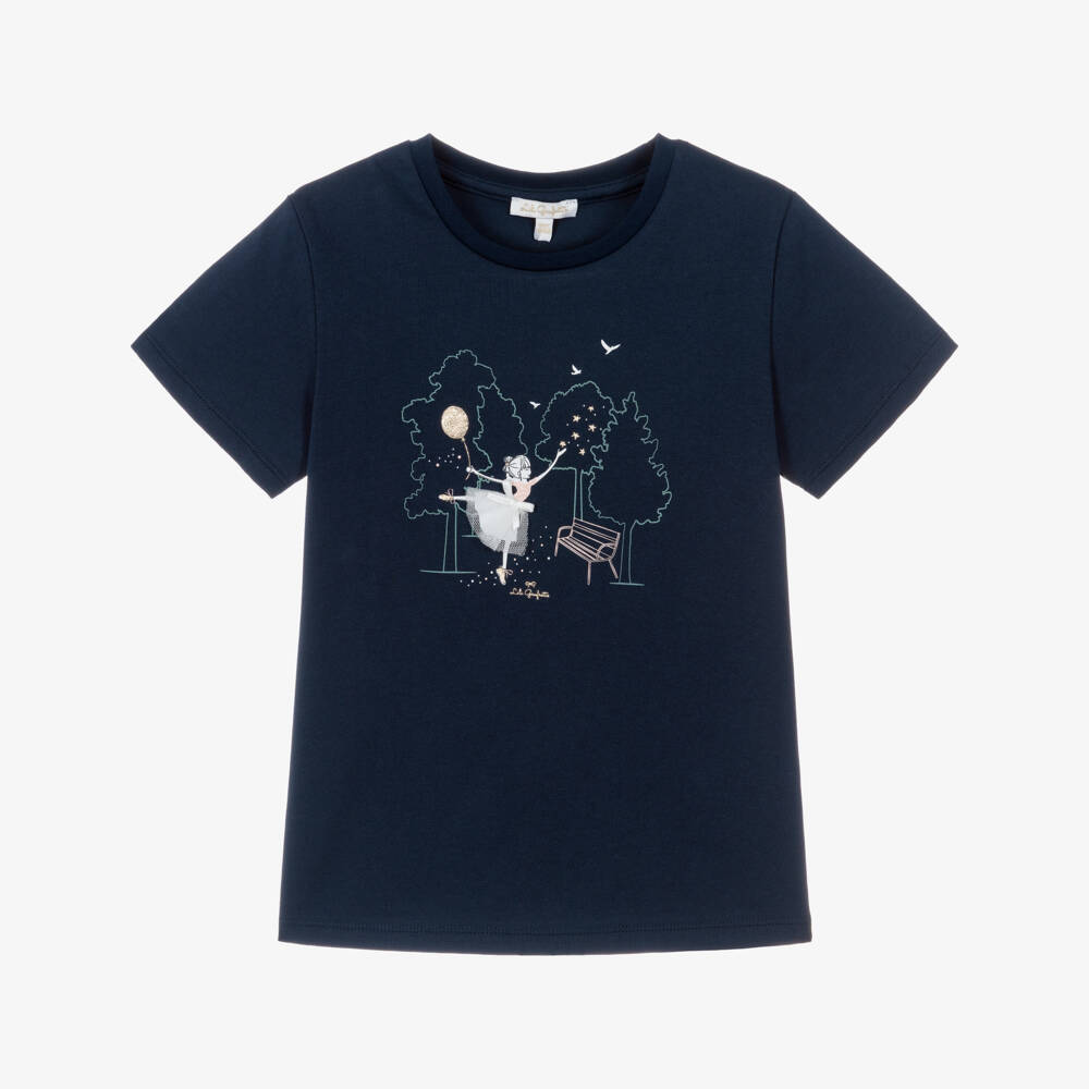 Lili Gaufrette-Girls Navy Blue Jersey T-Shirt with Girl & Balloon Motif | Childrensalon