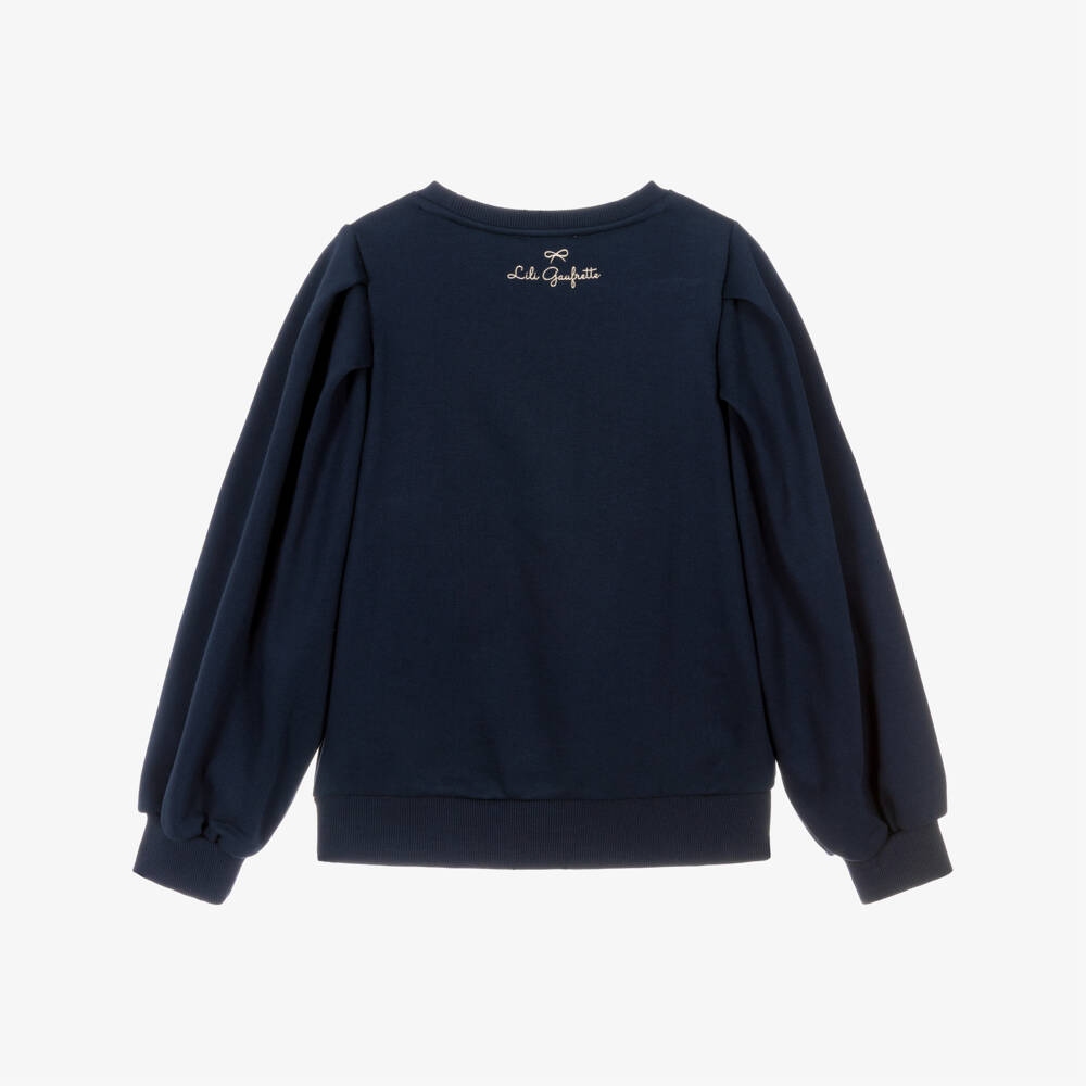 Lili Gaufrette-Girls Navy Blue Sweatshirt with Girl & Balloon Motif | Childrensalon