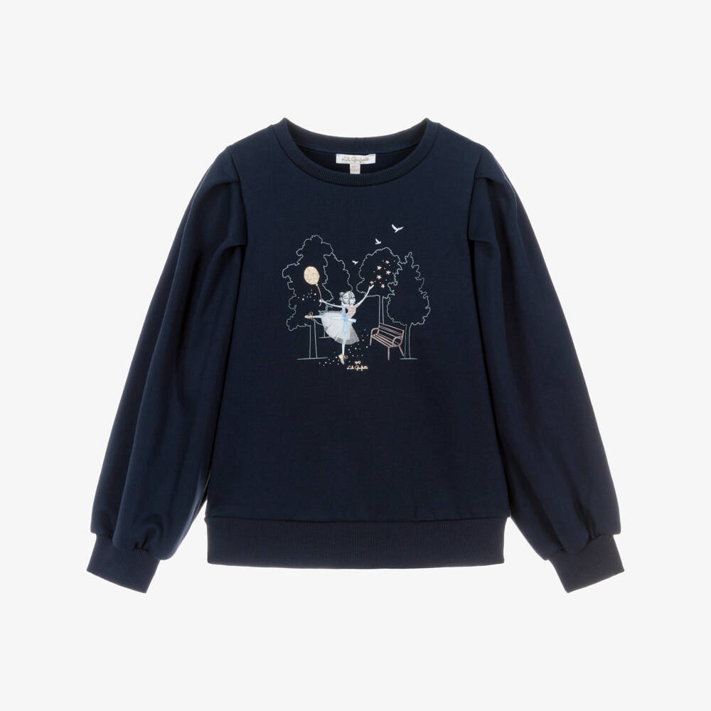 Lili Gaufrette-Girls Navy Blue Sweatshirt with Girl & Balloon Motif | Childrensalon