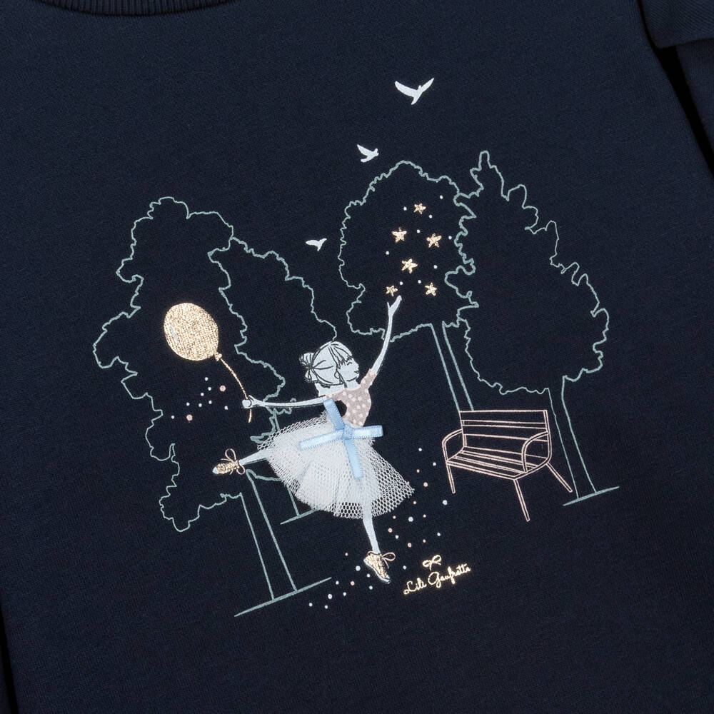 Lili Gaufrette-Girls Navy Blue Sweatshirt with Girl & Balloon Motif | Childrensalon