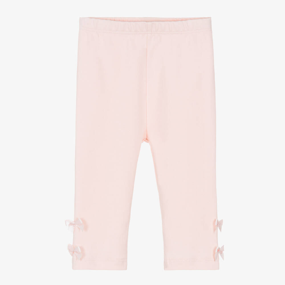 Lili Gaufrette-Girls Pale Pink Cotton Leggings with Bows | Childrensalon