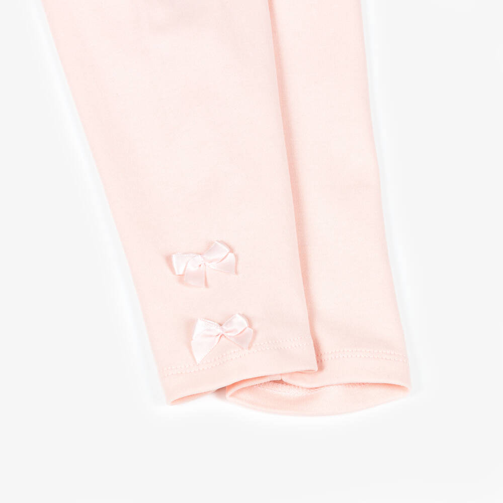 Lili Gaufrette-Girls Pale Pink Cotton Leggings with Bows | Childrensalon