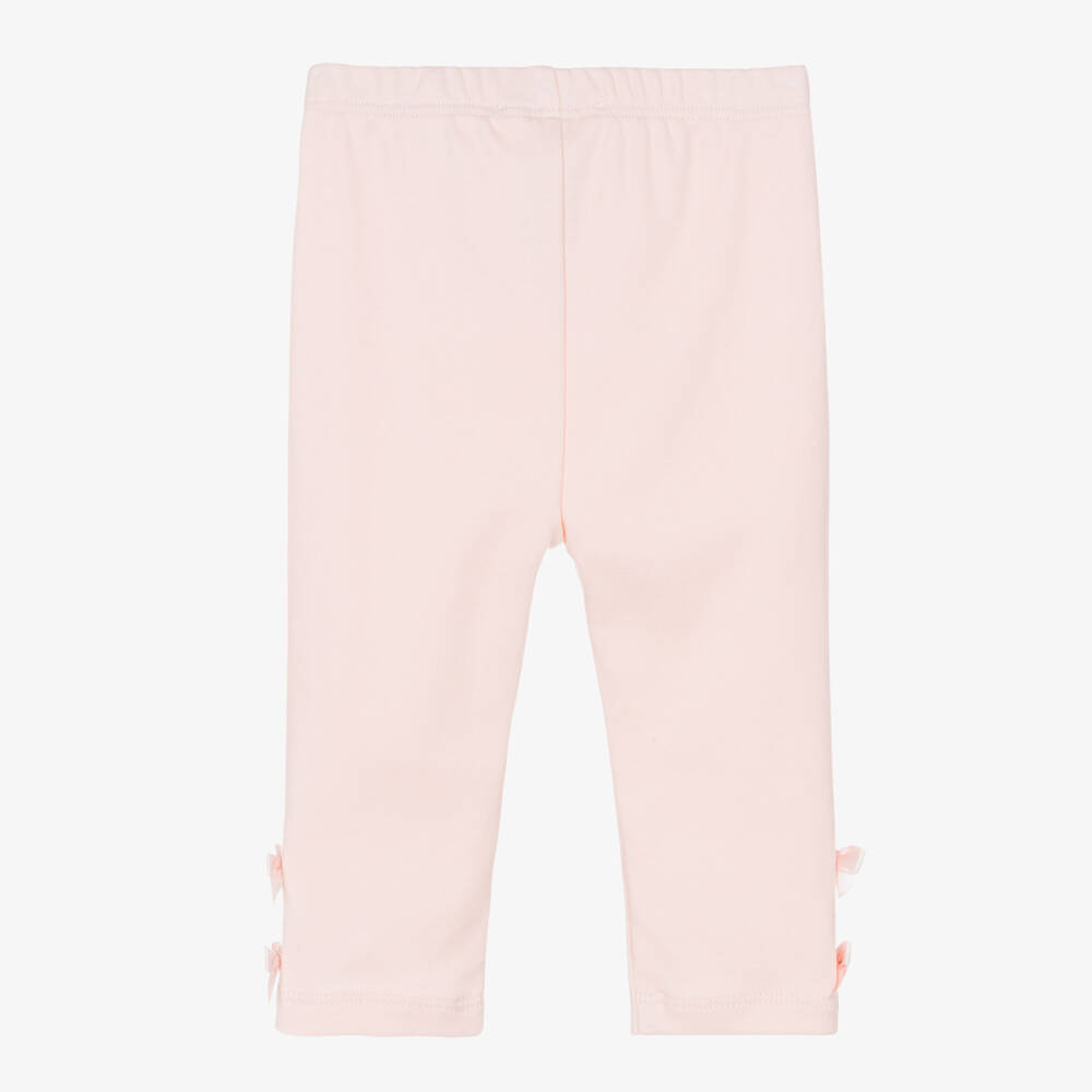 Lili Gaufrette-Girls Pale Pink Cotton Leggings with Bows | Childrensalon
