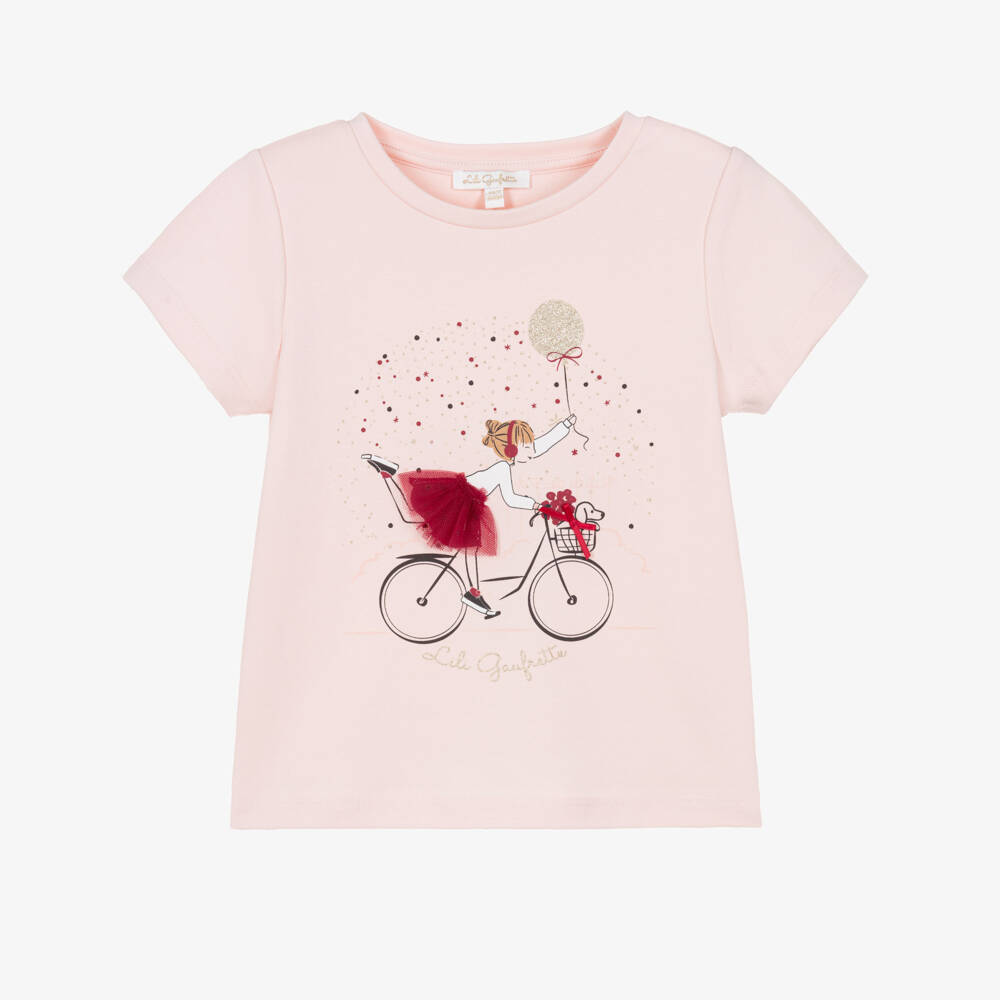 Lili Gaufrette-Girls Pale Pink Cotton T-Shirt with Girl & Bicycle | Childrensalon
