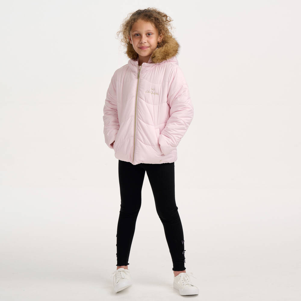 Lili Gaufrette-Girls Pale Pink Hooded Puffer Jacket with Faux Fur Trim | Childrensalon