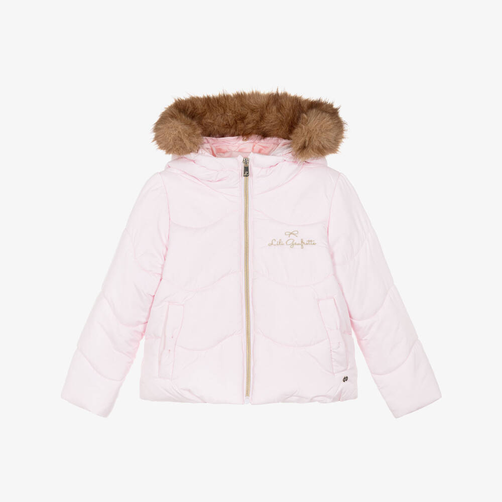 Lili Gaufrette-Girls Pale Pink Hooded Puffer Jacket with Faux Fur Trim | Childrensalon