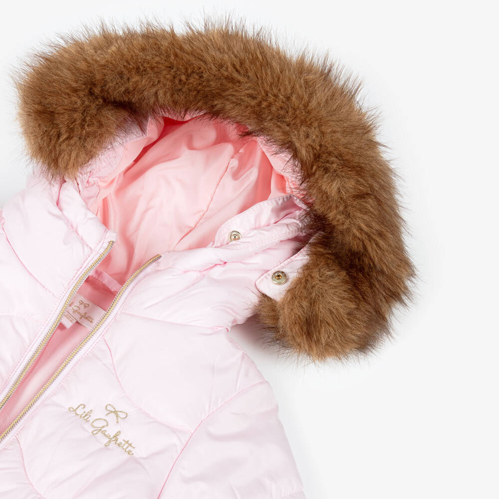 Lili Gaufrette-Girls Pale Pink Hooded Puffer Jacket with Faux Fur Trim | Childrensalon