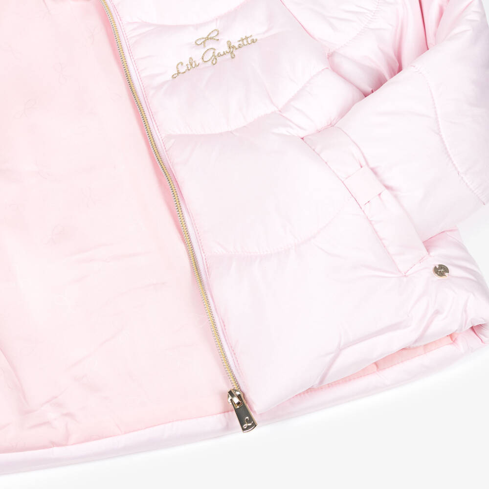 Lili Gaufrette-Girls Pale Pink Hooded Puffer Jacket with Faux Fur Trim | Childrensalon