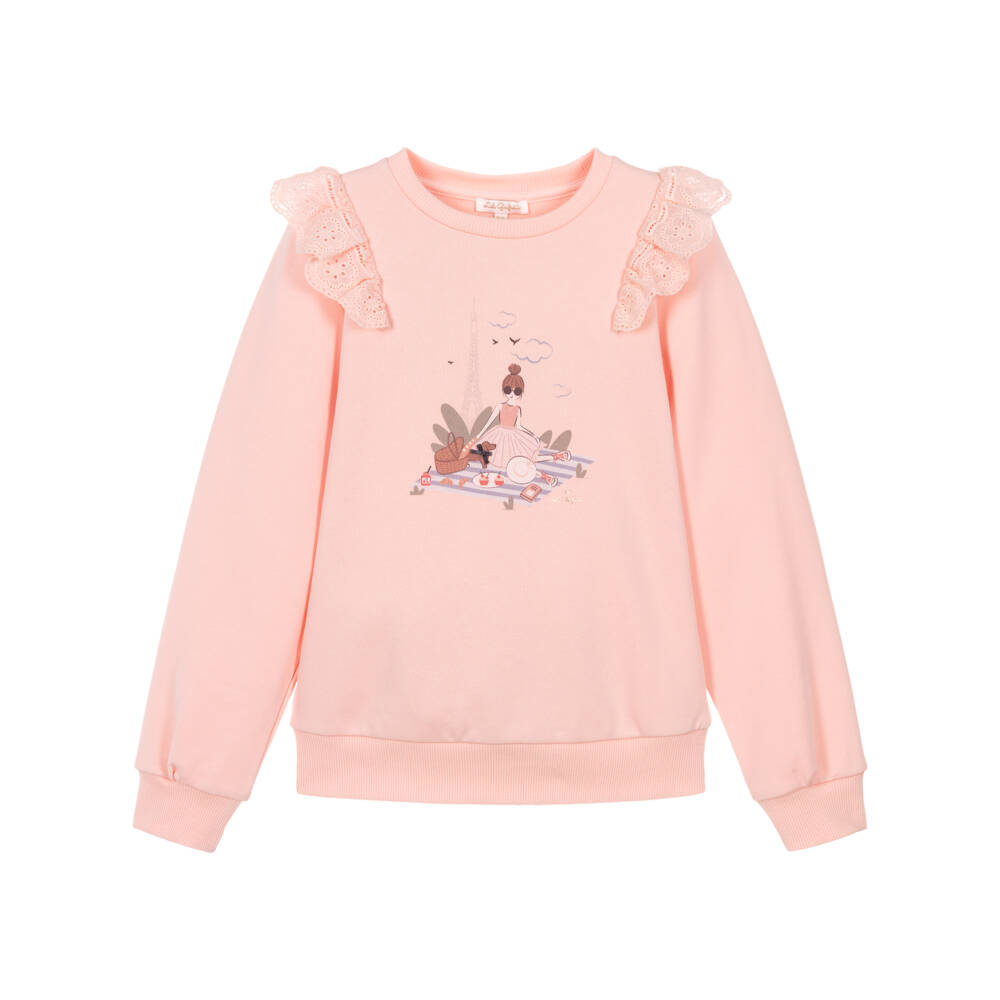 Lili Gaufrette-Girls Peach-Pink Sweatshirt with Parisienne Picnic Graphic | Childrensalon