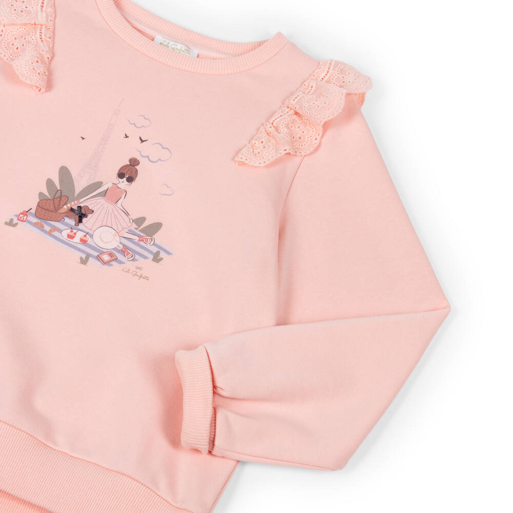 Lili Gaufrette-Girls Peach-Pink Sweatshirt with Parisienne Picnic Graphic | Childrensalon