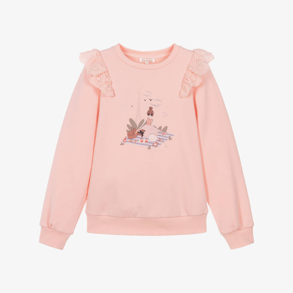 Lili Gaufrette-Girls Peach-Pink Sweatshirt with Parisienne Picnic Graphic | Childrensalon