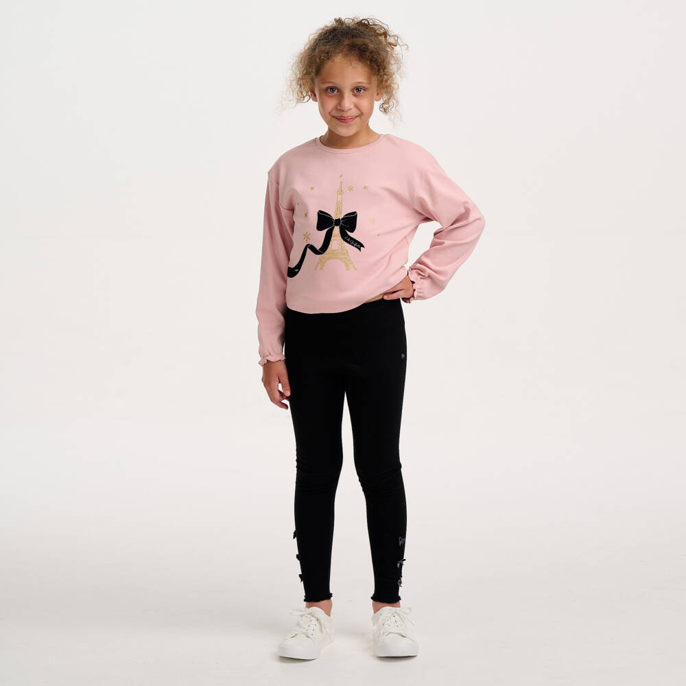 Lili Gaufrette-Girls Pink Cotton Top with Gold Eiffel Tower & Black Bow | Childrensalon