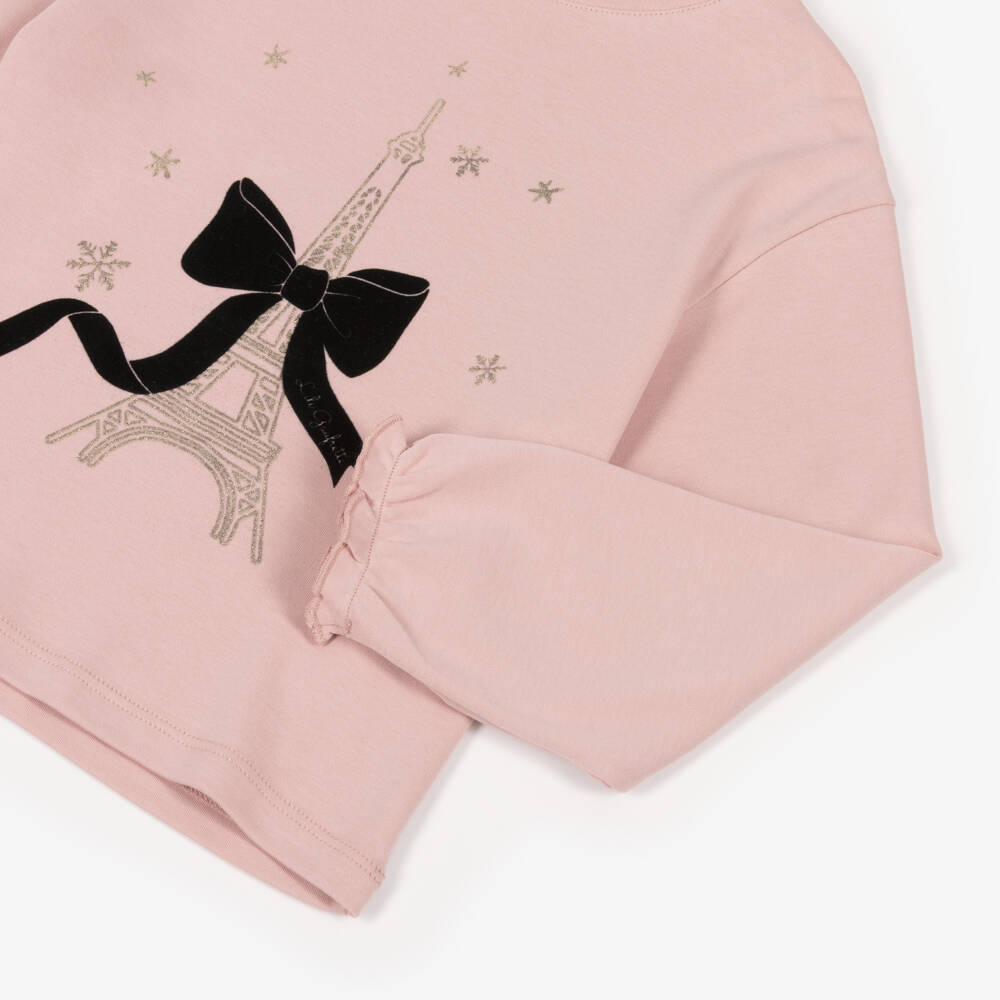 Lili Gaufrette-Girls Pink Cotton Top with Gold Eiffel Tower & Black Bow | Childrensalon