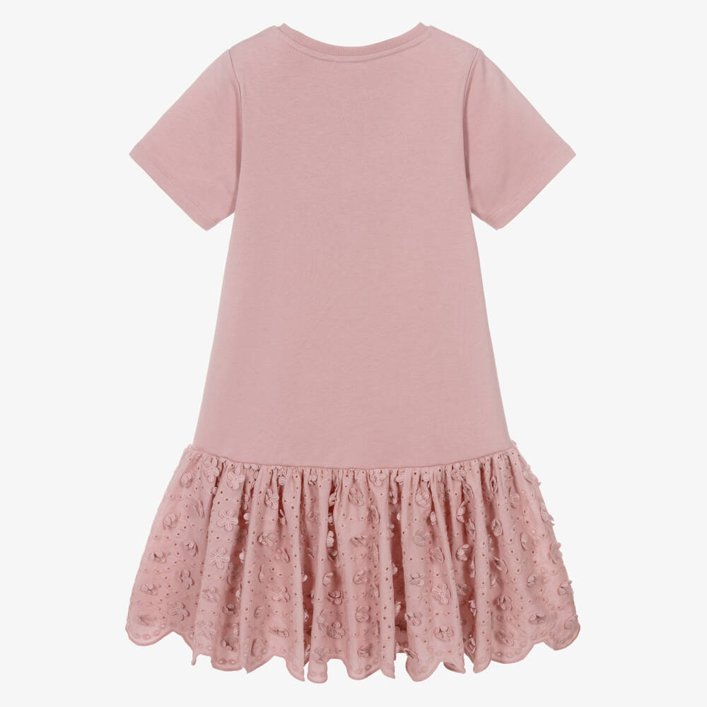 Lili Gaufrette-Girls Pink Jersey Dress with Floral Appliqué | Childrensalon