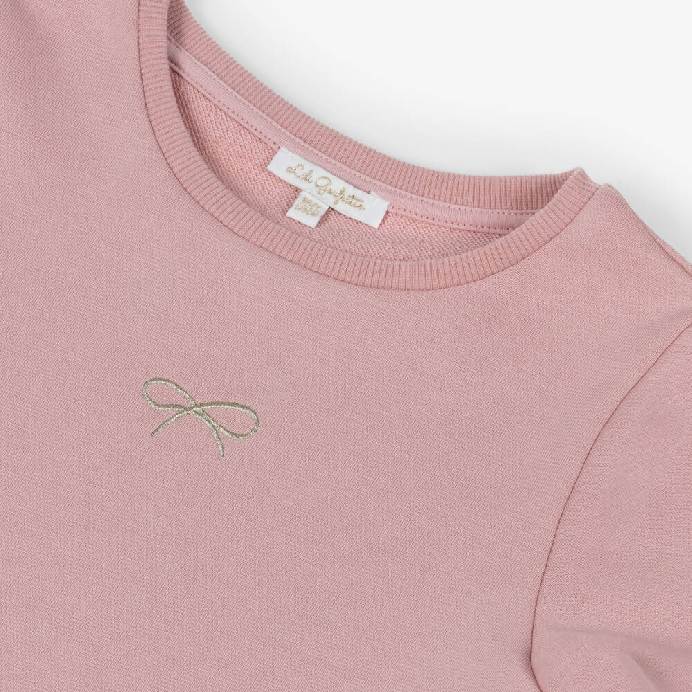 Lili Gaufrette-Girls Pink Jersey Dress with Floral Appliqué Hem | Childrensalon