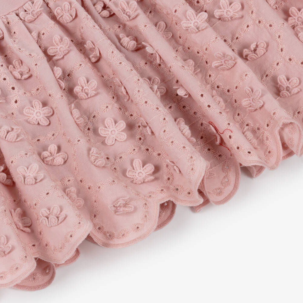 Lili Gaufrette-Girls Pink Jersey Dress with Floral Appliqué Hem | Childrensalon