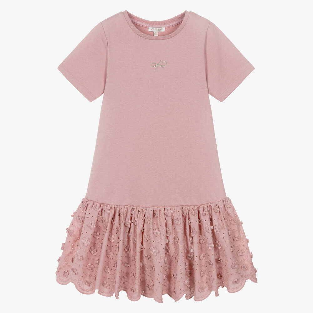 Lili Gaufrette-Girls Pink Jersey Dress with Floral Appliqué Hem | Childrensalon