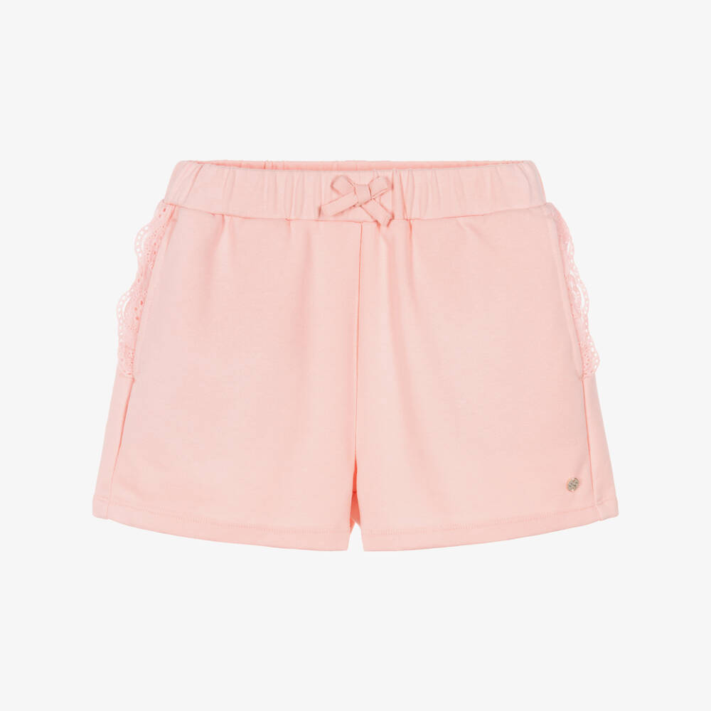 Lili Gaufrette-Girls Pink Jersey Shorts with Broderie Anglaise Trim | Childrensalon