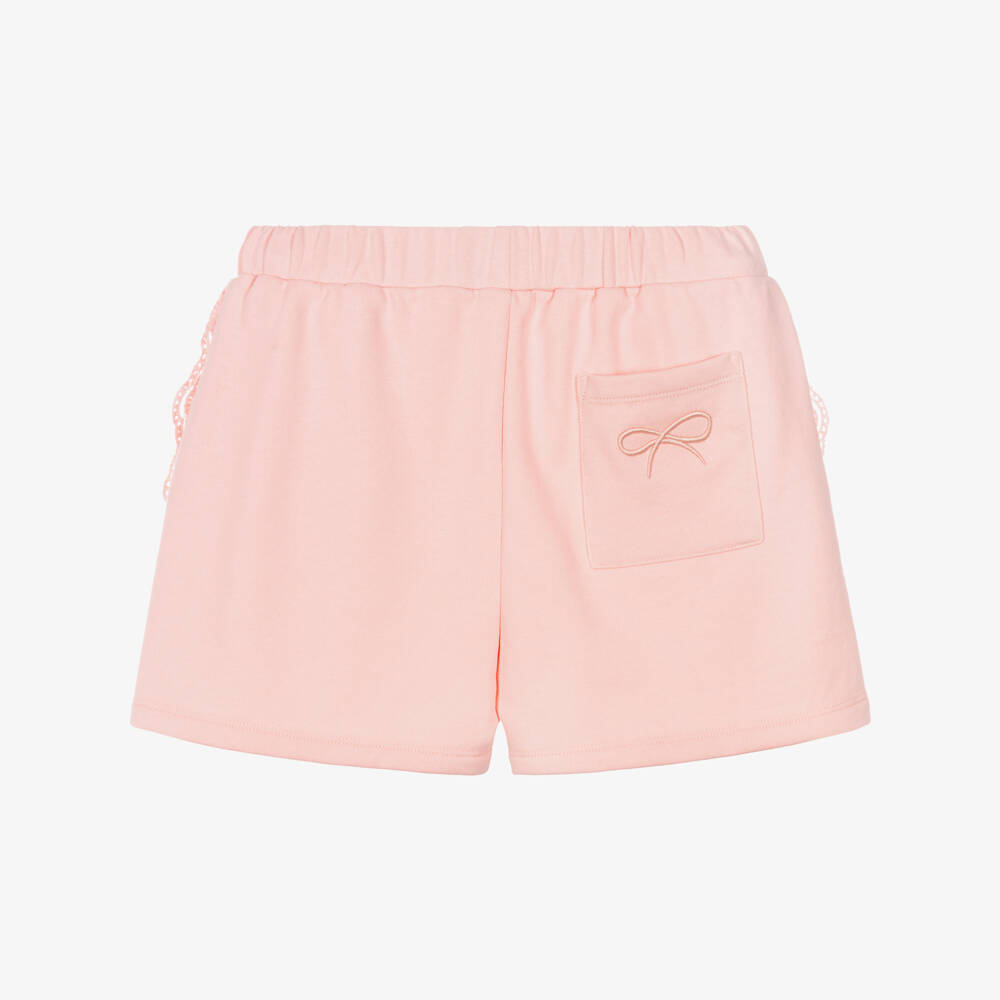 Lili Gaufrette-Girls Pink Jersey Shorts with Broderie Anglaise Trim | Childrensalon