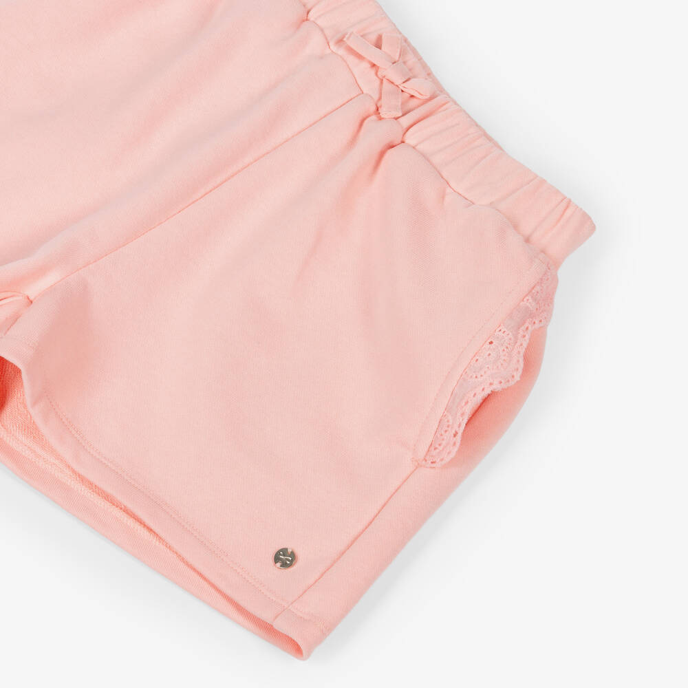 Lili Gaufrette-Girls Pink Jersey Shorts with Broderie Anglaise Trim | Childrensalon