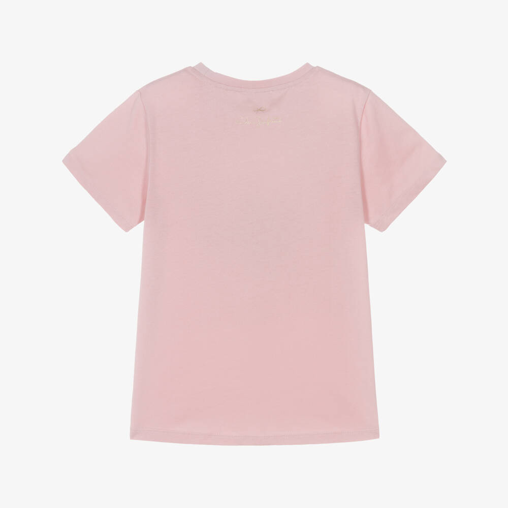 Lili Gaufrette-Girls Pink Jersey T-Shirt with Girl & Flower Motif | Childrensalon
