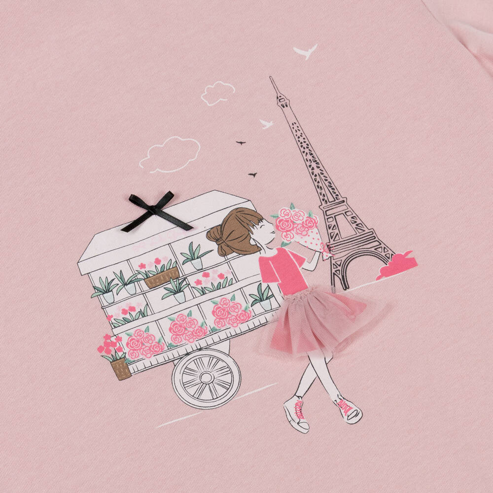 Lili Gaufrette-Girls Pink Jersey T-Shirt with Girl & Flower Motif | Childrensalon