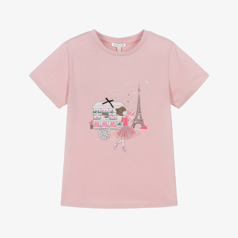 Lili Gaufrette-Girls Pink Jersey T-Shirt with Girl & Flower Motif | Childrensalon