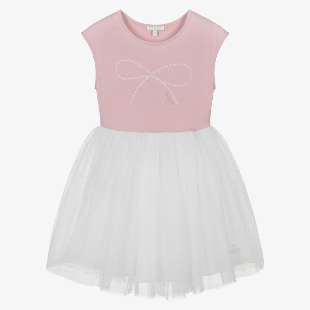 Lili Gaufrette-Girls Pink & White Tulle & Jersey Dress with Pearl Bow | Childrensalon