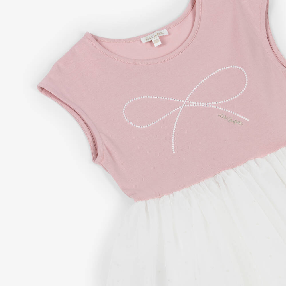 Lili Gaufrette-Girls Pink & White Tulle & Jersey Dress with Pearl Bow | Childrensalon
