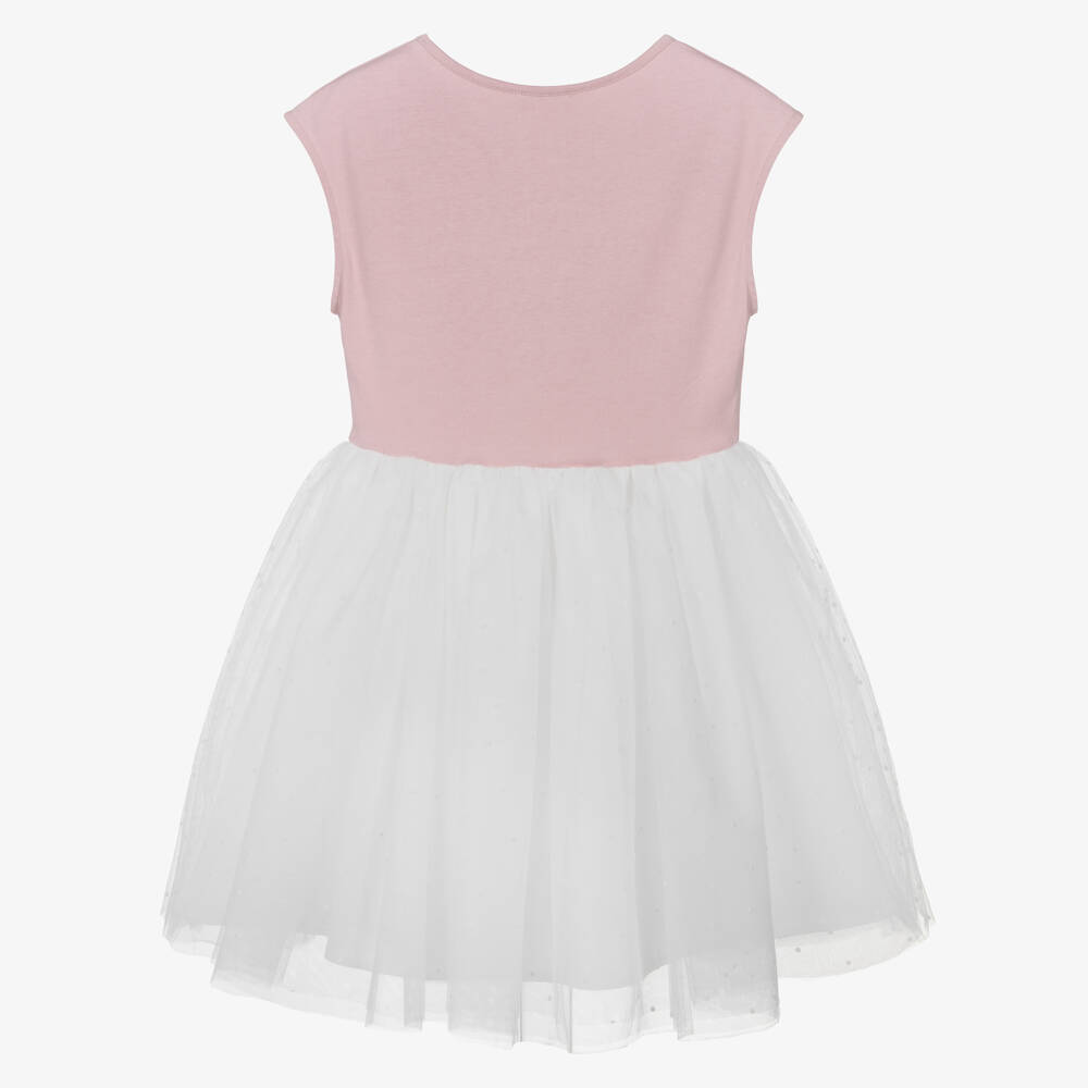 Lili Gaufrette-Girls Pink & White Tulle & Jersey Dress with Pearl Bow | Childrensalon