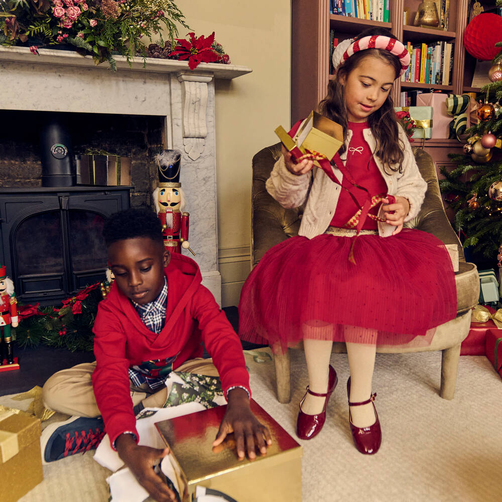 Lili Gaufrette-Girls Red Cotton Top with Pleated Tulle Frills & Gold Bow Logo | Childrensalon