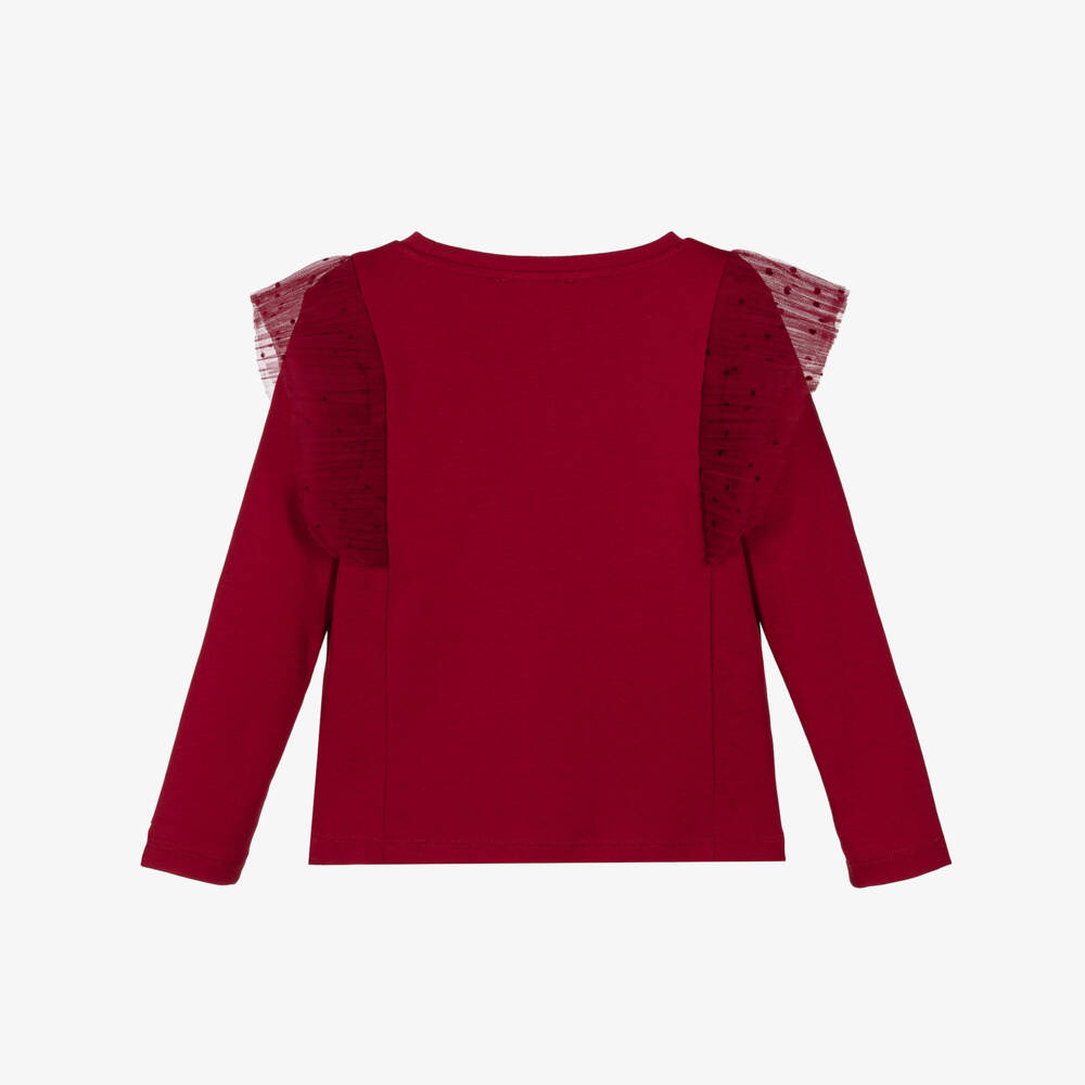 Lili Gaufrette-Girls Red Cotton Top with Pleated Tulle Frills & Gold Bow Logo | Childrensalon