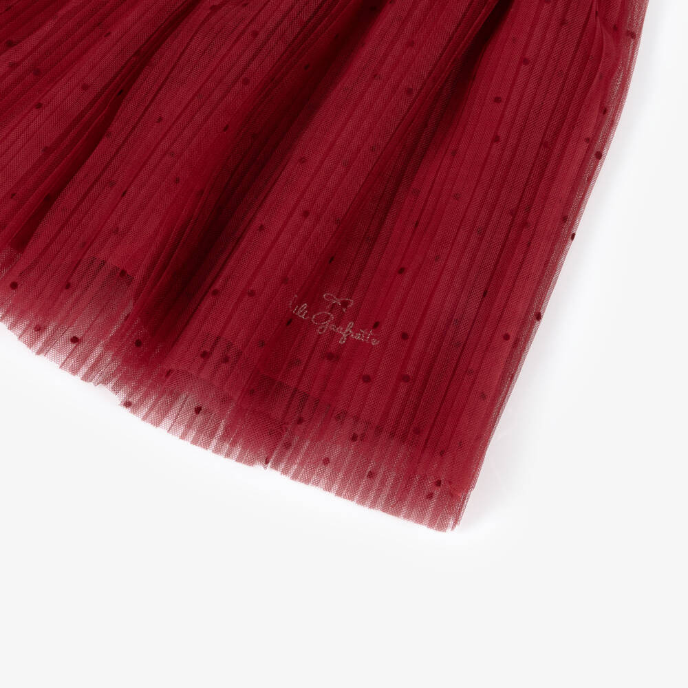Lili Gaufrette-Girls Red Pleated Tulle Logo Skirt with Flocked Polka Dots | Childrensalon