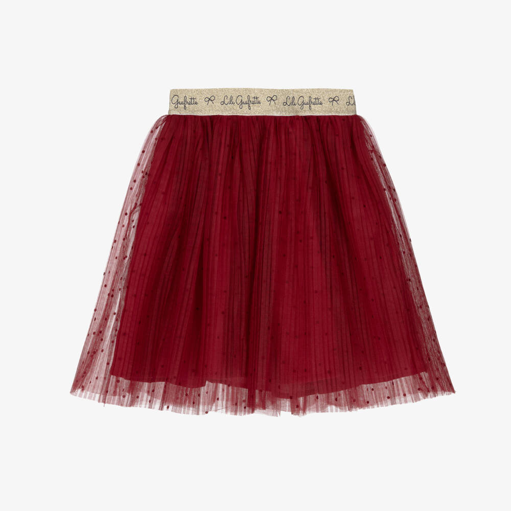 Lili Gaufrette-Girls Red Pleated Tulle Logo Skirt with Flocked Polka Dots | Childrensalon