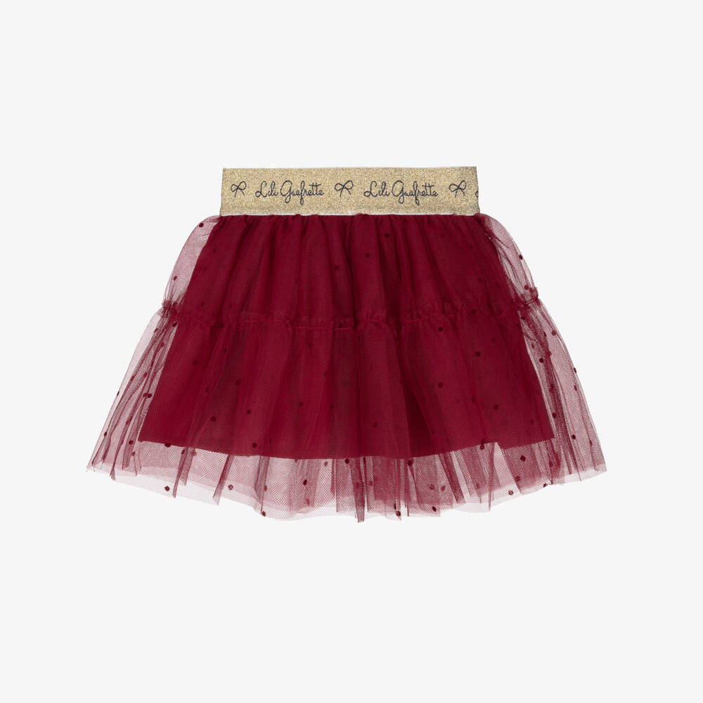Lili Gaufrette-Girls Red Tulle Skirt with Flocked Polka Dots | Childrensalon