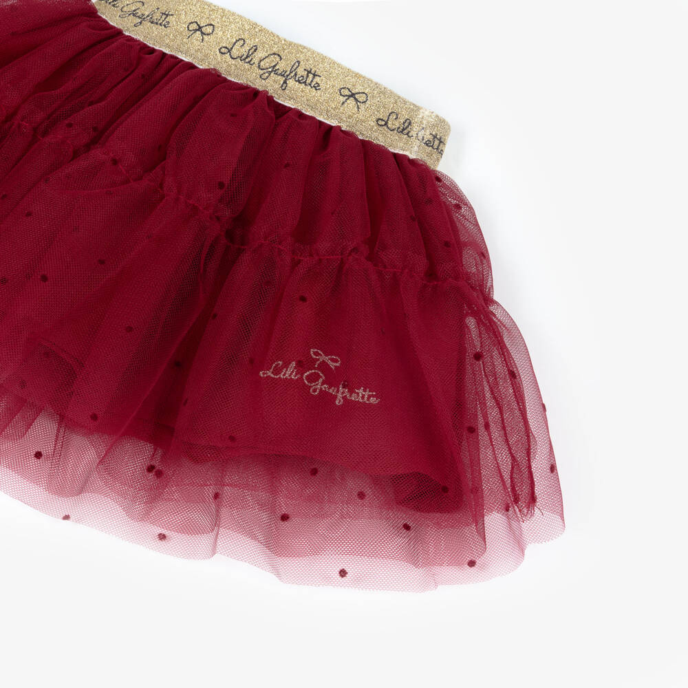 Lili Gaufrette-Girls Red Tulle Skirt with Flocked Polka Dots | Childrensalon