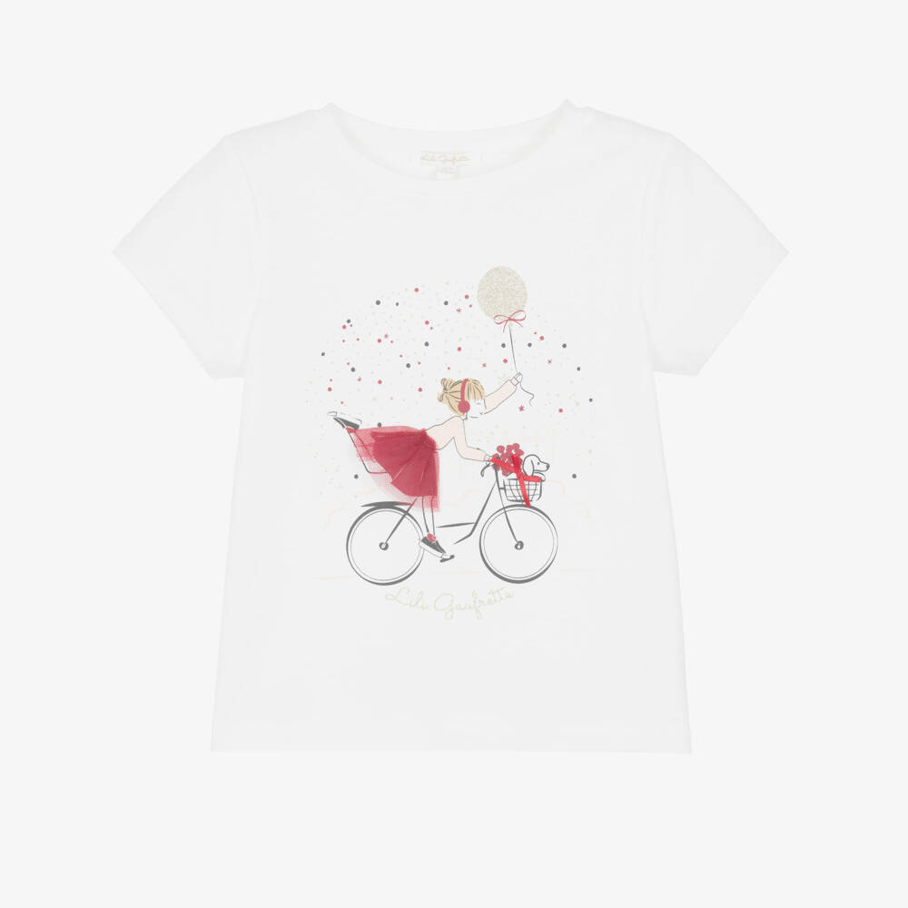 Lili Gaufrette-Girls White Cotton T-Shirt with Girl & Bicycle | Childrensalon